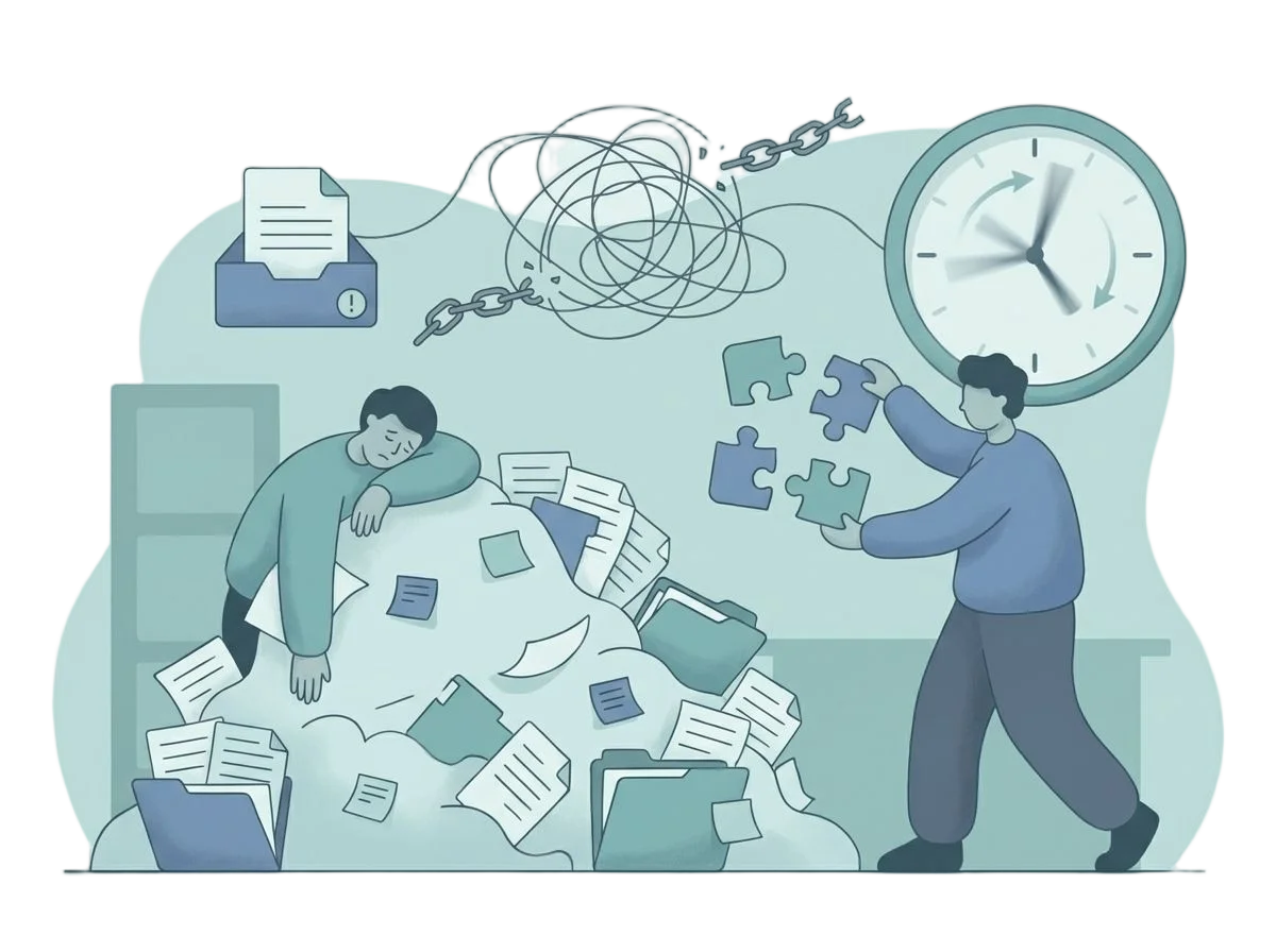 Common workplace challenges showing manual work overload and disconnected systems